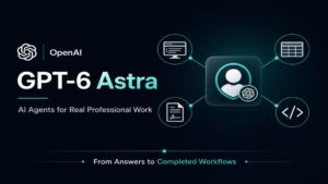 OpenAI GPT-6 Astra feature image with the title “GPT-6 Astra – AI Agents for Real Professional Work,” a central AI agent icon connected to computer use, documents, spreadsheets, and code icons, and the tagline “From Answers to Completed Workflows.